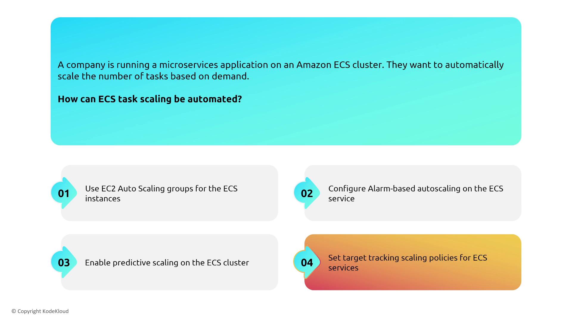 The image provides a question about automating ECS task scaling and lists four options: using EC2 Auto Scaling groups, configuring alarm-based autoscaling, enabling predictive scaling, and setting target tracking scaling policies.