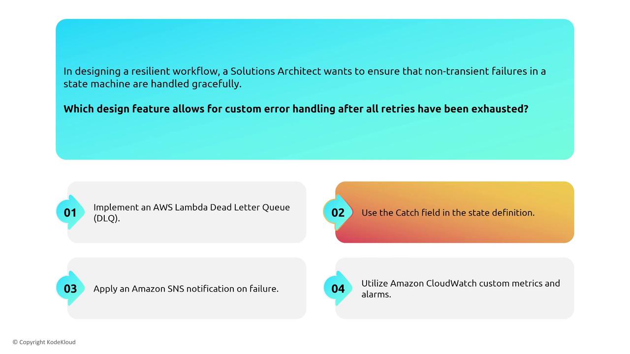 The image presents a question about designing a resilient workflow for handling non-transient failures in a state machine, with four options for custom error handling after retries are exhausted.
