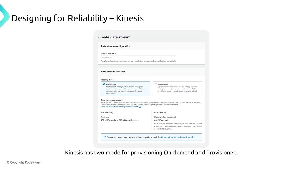 The image is a screenshot of a configuration interface for creating a data stream in AWS Kinesis, highlighting two capacity modes: On-demand and Provisioned. It includes details about data stream capacity and pricing information.