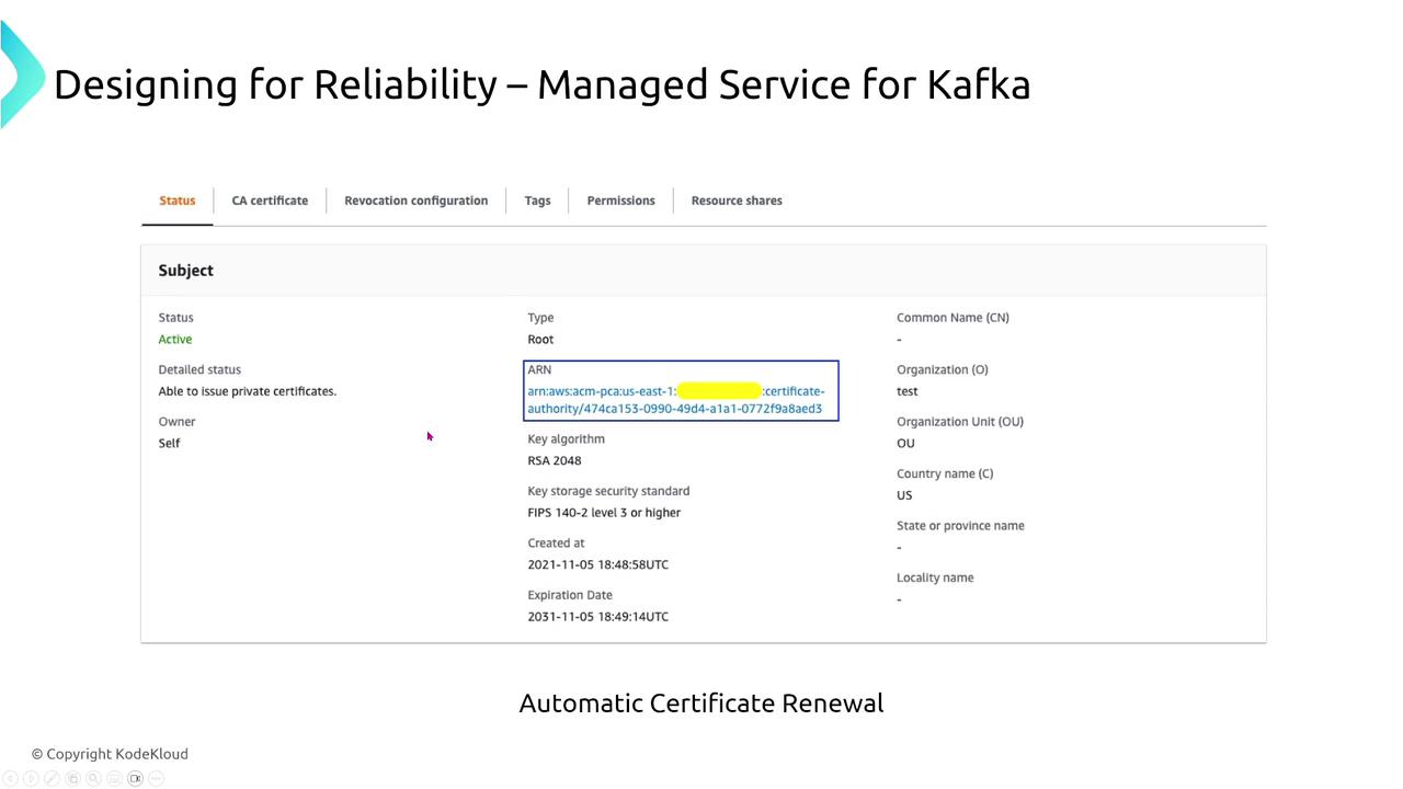The image shows a slide titled "Designing for Reliability – Managed Service for Kafka," featuring a certificate status interface with details like status, type, and key algorithm. It also mentions "Automatic Certificate Renewal" at the bottom.