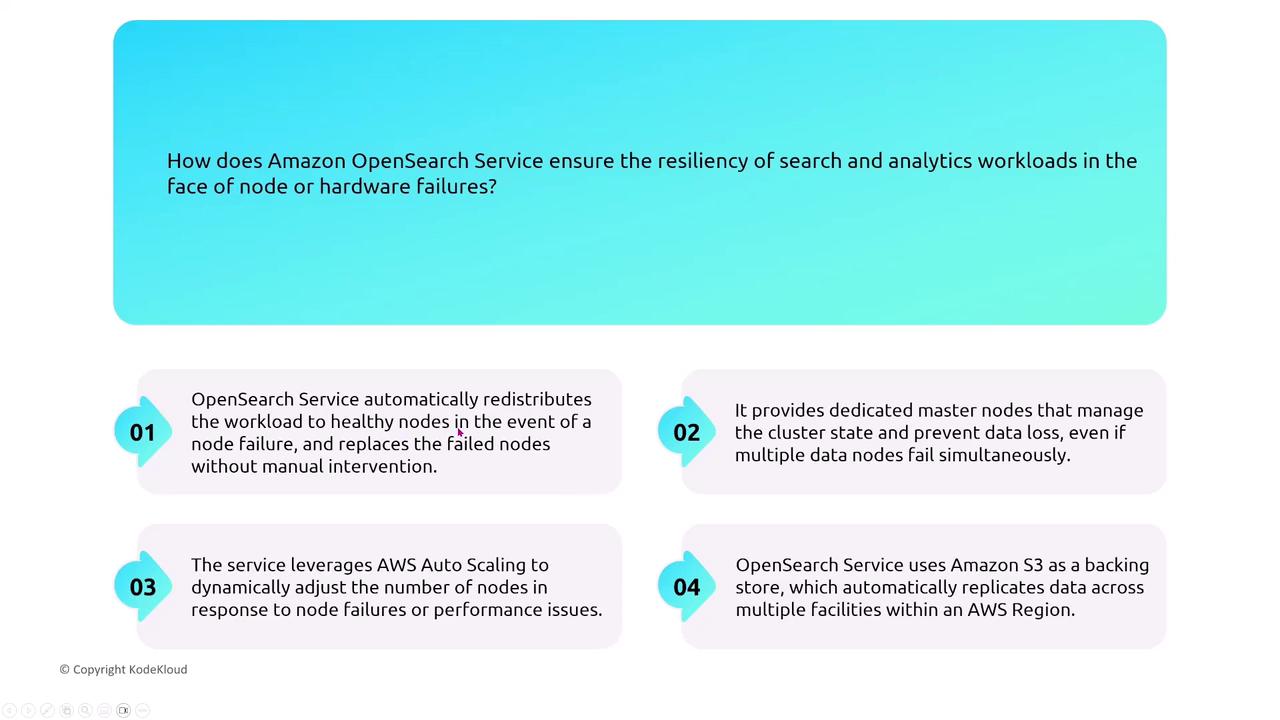 The image explains how Amazon OpenSearch Service ensures resiliency in search and analytics workloads by redistributing workloads, using dedicated master nodes, leveraging AWS Auto Scaling, and utilizing Amazon S3 for data replication.