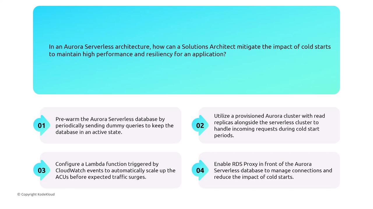 The image provides strategies for mitigating cold starts in an Aurora Serverless architecture, including pre-warming the database, using a provisioned cluster, configuring a Lambda function, and enabling RDS Proxy.