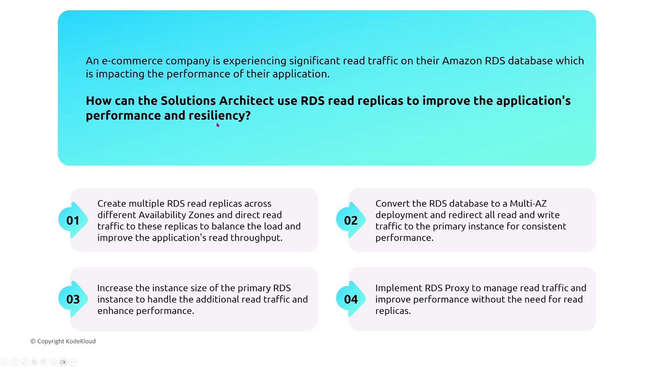 The image presents a scenario where an e-commerce company faces significant read traffic on their Amazon RDS database, impacting performance. It suggests four solutions for a Solutions Architect to improve performance and resiliency using RDS read replicas.