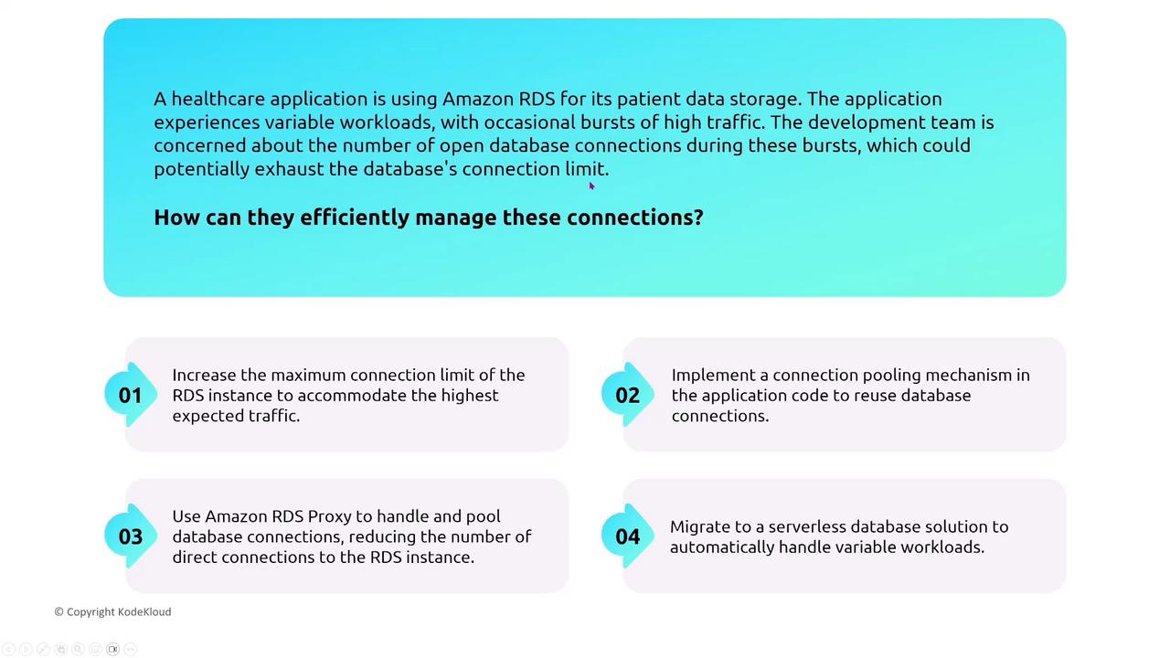 The image presents a scenario where a healthcare application using Amazon RDS faces variable workloads and potential connection limits. It suggests four solutions: increasing connection limits, implementing connection pooling, using Amazon RDS Proxy, and migrating to a serverless database.