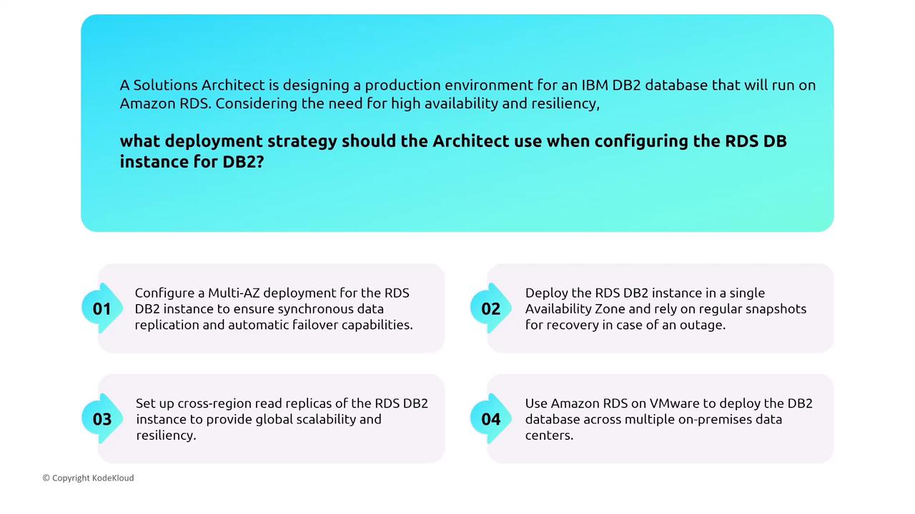 The image presents a scenario where a Solutions Architect needs to choose a deployment strategy for an IBM DB2 database on Amazon RDS, focusing on high availability and resiliency. Four options are provided, including Multi-AZ deployment, single Availability Zone deployment with snapshots, cross-region read replicas, and using Amazon RDS on VMware.