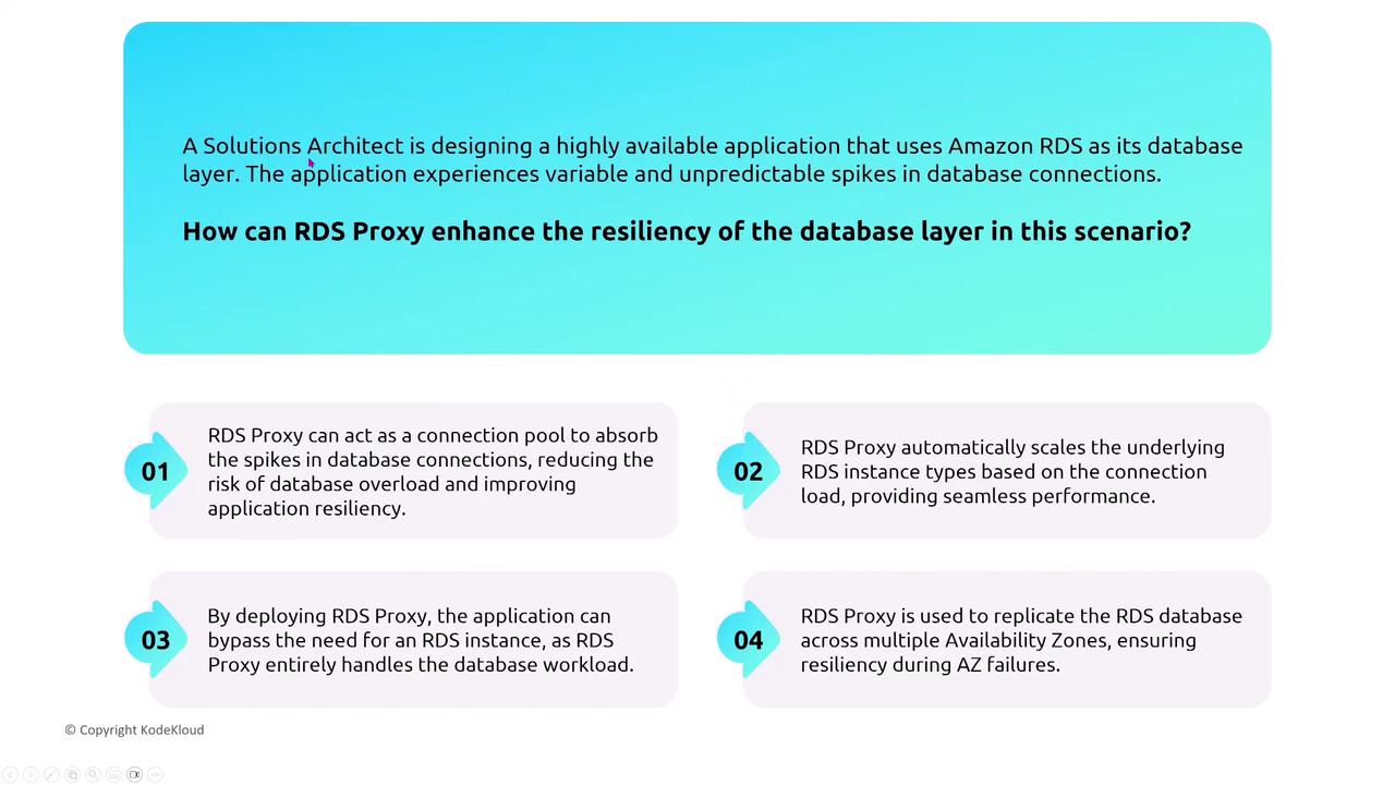 The image explains how RDS Proxy can enhance the resiliency of a database layer by acting as a connection pool, automatically scaling RDS instances, handling database workloads, and ensuring availability across multiple zones.