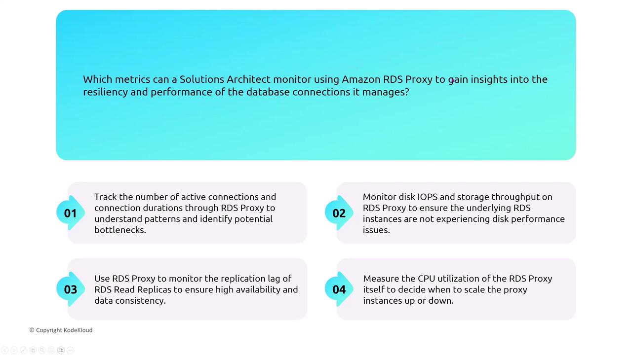 The image lists metrics a Solutions Architect can monitor using Amazon RDS Proxy to assess database connection performance and resiliency, including active connections, disk IOPS, replication lag, and CPU utilization.