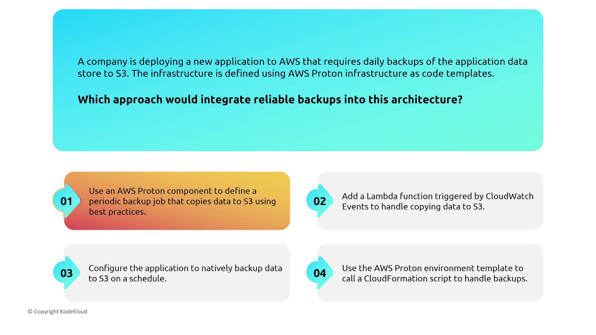 The image presents a scenario where a company needs to integrate reliable backups into an AWS architecture, offering four approaches: using AWS Proton components, adding a Lambda function, configuring native application backups, or using AWS Proton environment templates.