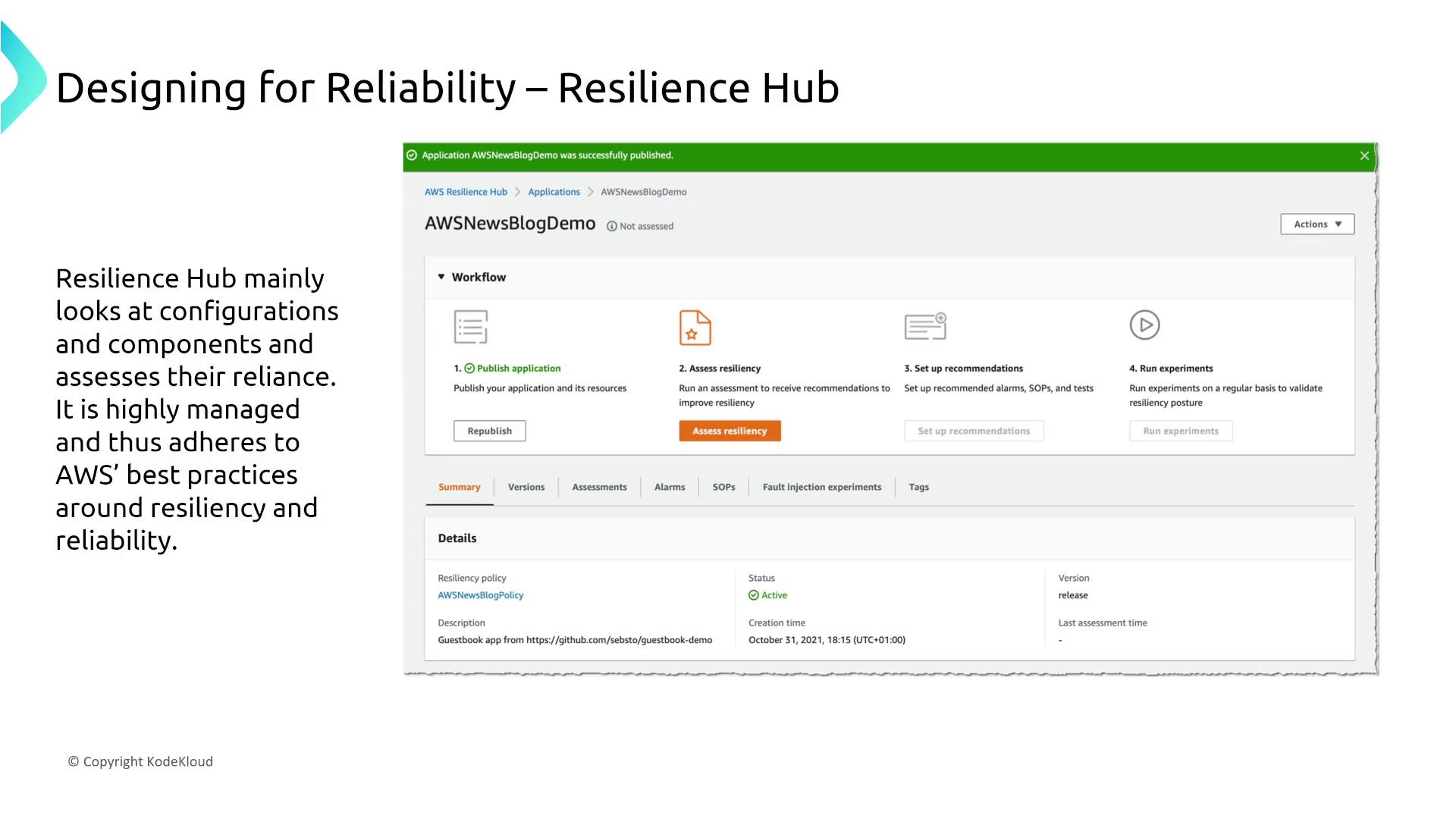The image shows a screenshot of the AWS Resilience Hub interface, detailing a workflow for assessing and improving application resiliency, alongside a description of its purpose.