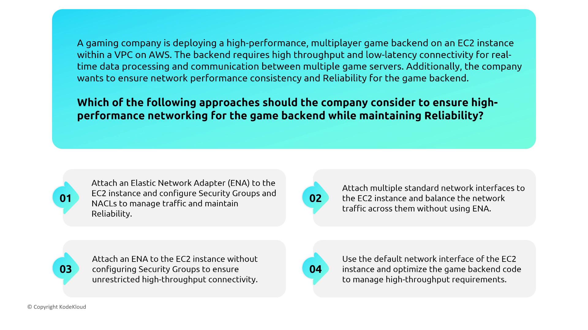 The image presents a scenario where a gaming company is deploying a multiplayer game backend on AWS EC2, requiring high-performance networking. It lists four approaches to ensure network performance and reliability.