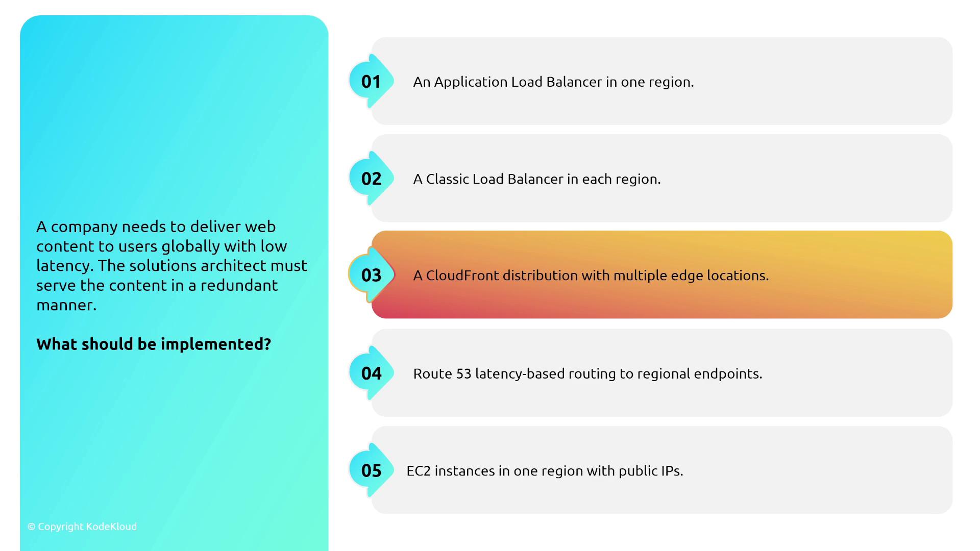 The image presents a scenario where a company needs to deliver web content globally with low latency and redundancy. It lists five options, highlighting "A CloudFront distribution with multiple edge locations" as the recommended solution.