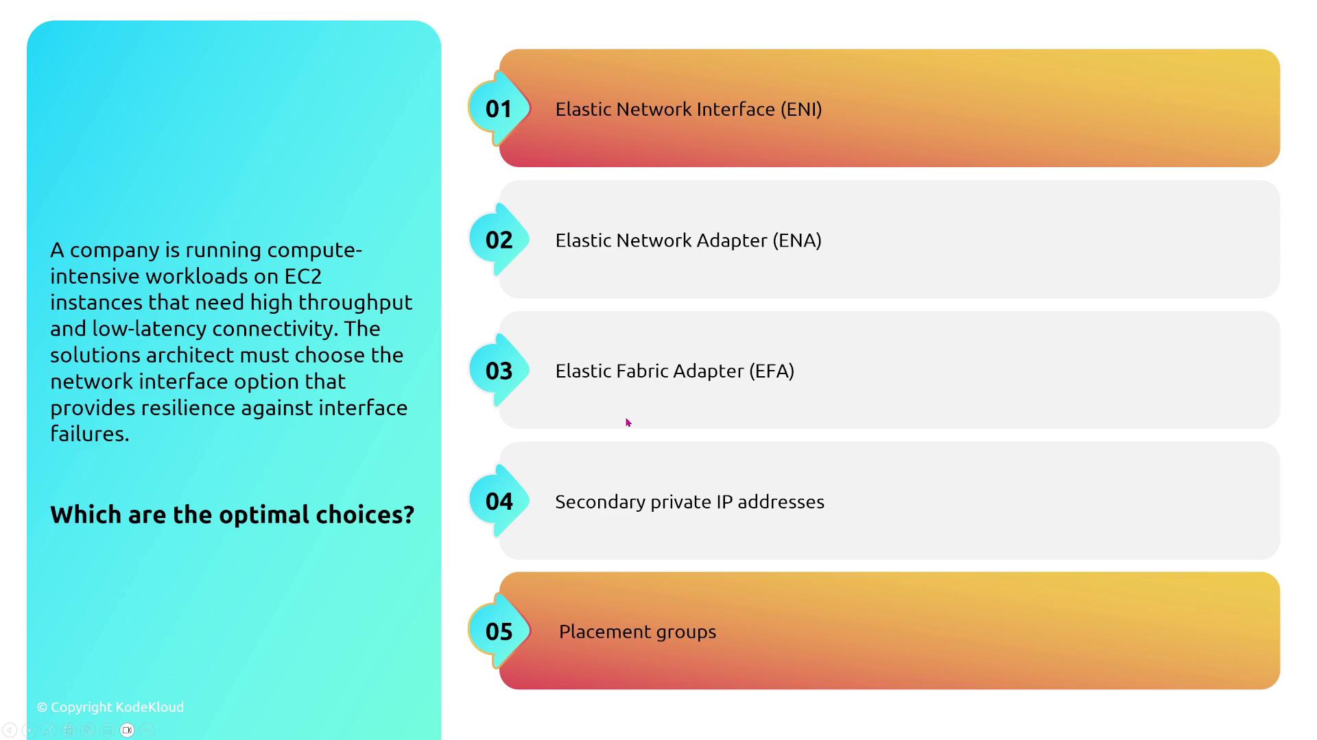 The image presents a scenario where a company needs to choose a network interface option for EC2 instances requiring high throughput and low-latency connectivity, with five options listed: Elastic Network Interface (ENI), Elastic Network Adapter (ENA), Elastic Fabric Adapter (EFA), Secondary private IP addresses, and Placement groups.