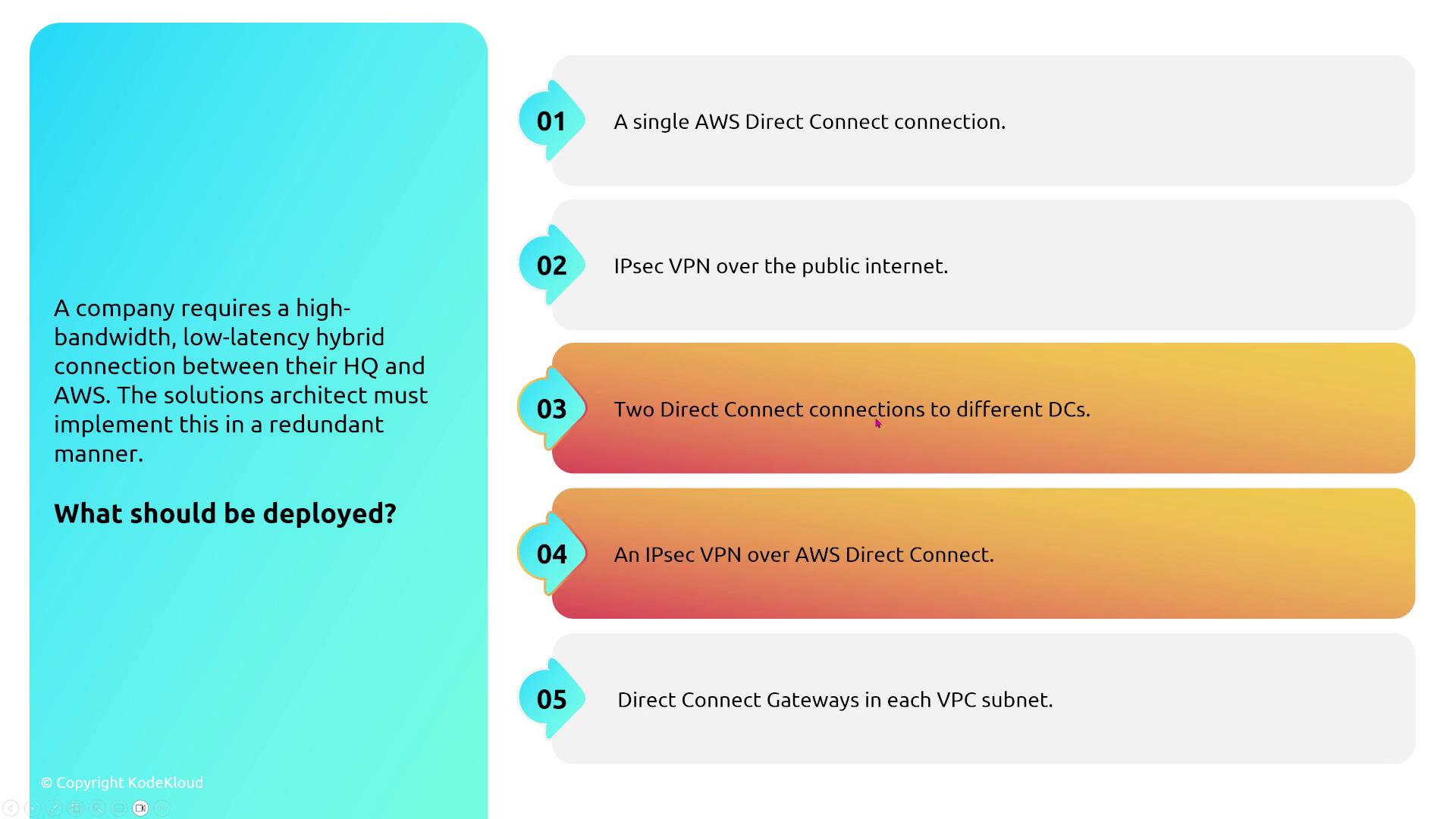 The image presents a scenario where a company needs a high-bandwidth, low-latency hybrid connection between their HQ and AWS, requiring redundancy. It lists five deployment options, highlighting "Two Direct Connect connections to different DCs" as a potential solution.