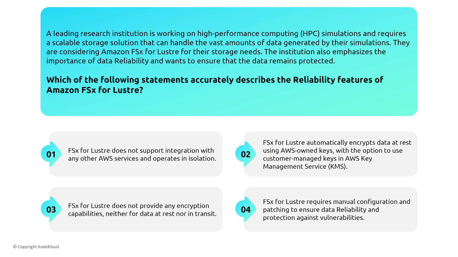 The image presents a scenario about a research institution considering Amazon FSx for Lustre for data reliability in HPC simulations, with four statements evaluating its reliability features.