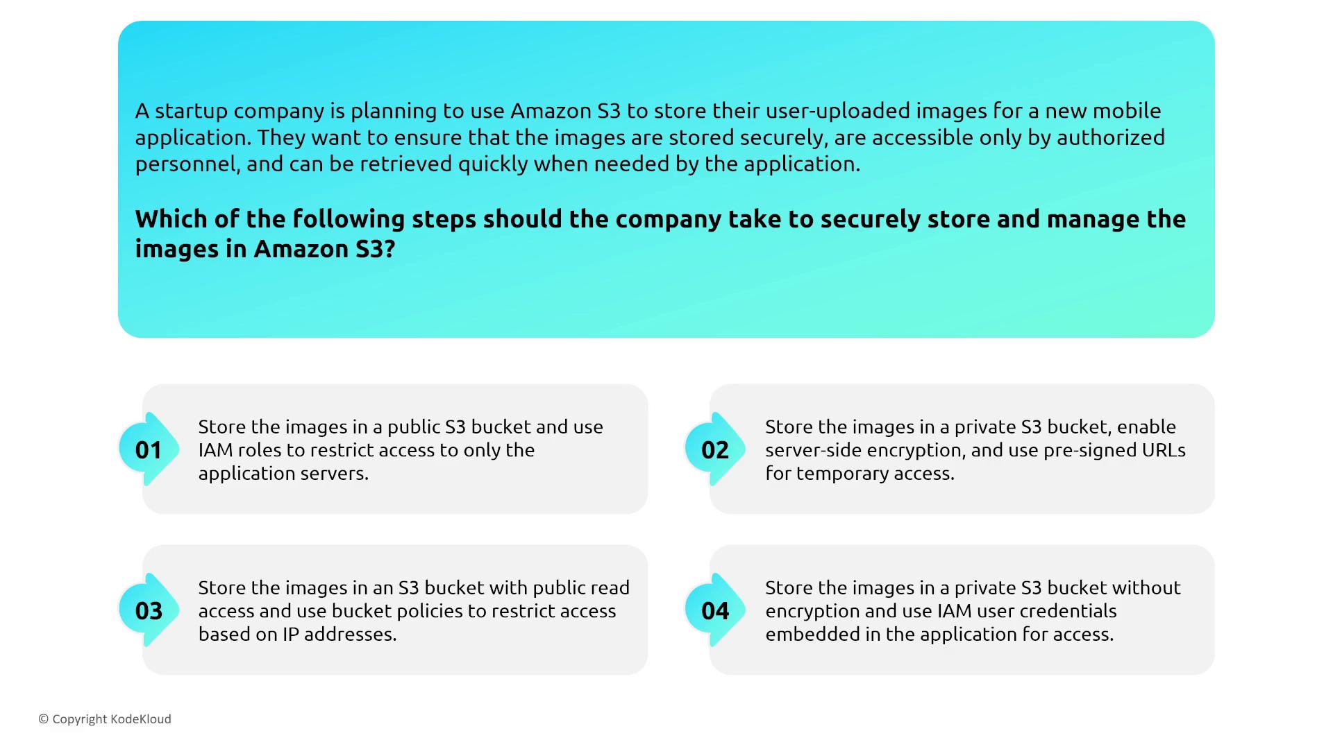 The image presents a scenario where a startup plans to use Amazon S3 for storing user-uploaded images securely, with four options for managing access and security. Each option suggests different configurations for S3 buckets, encryption, and access control.