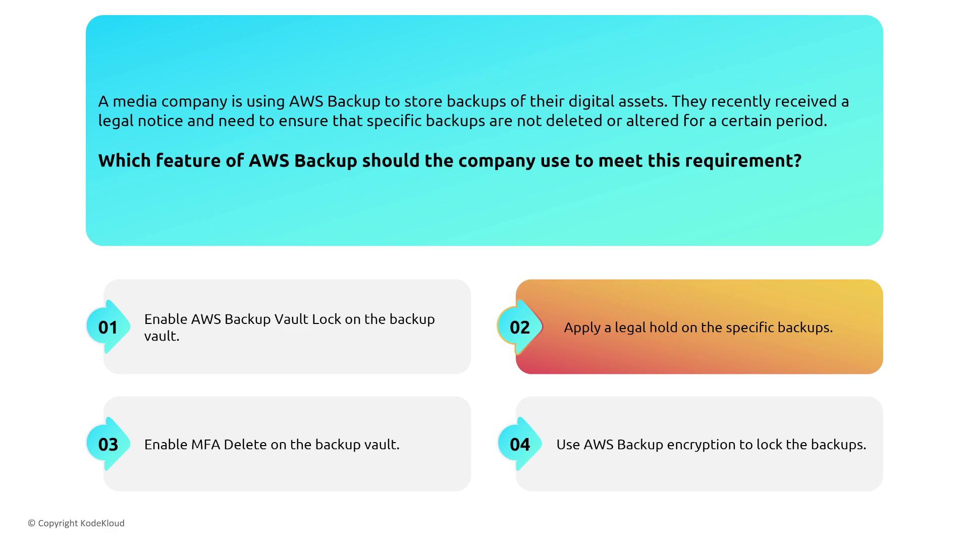 The image presents a scenario where a media company needs to ensure AWS backups are not deleted or altered due to a legal notice, and it lists four AWS Backup features as potential solutions.