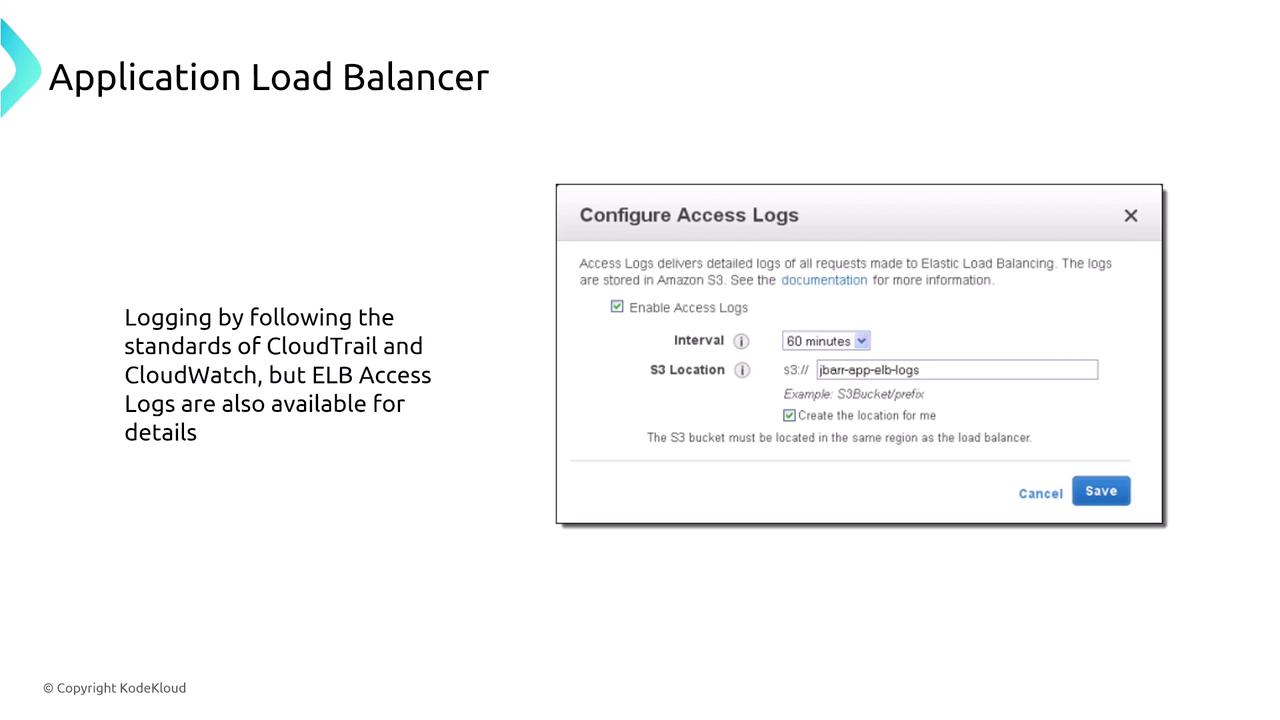 The image shows a configuration screen for setting up access logs in an Application Load Balancer, with options for enabling logs, setting intervals, and specifying an S3 location. It also mentions logging standards like CloudTrail and CloudWatch.