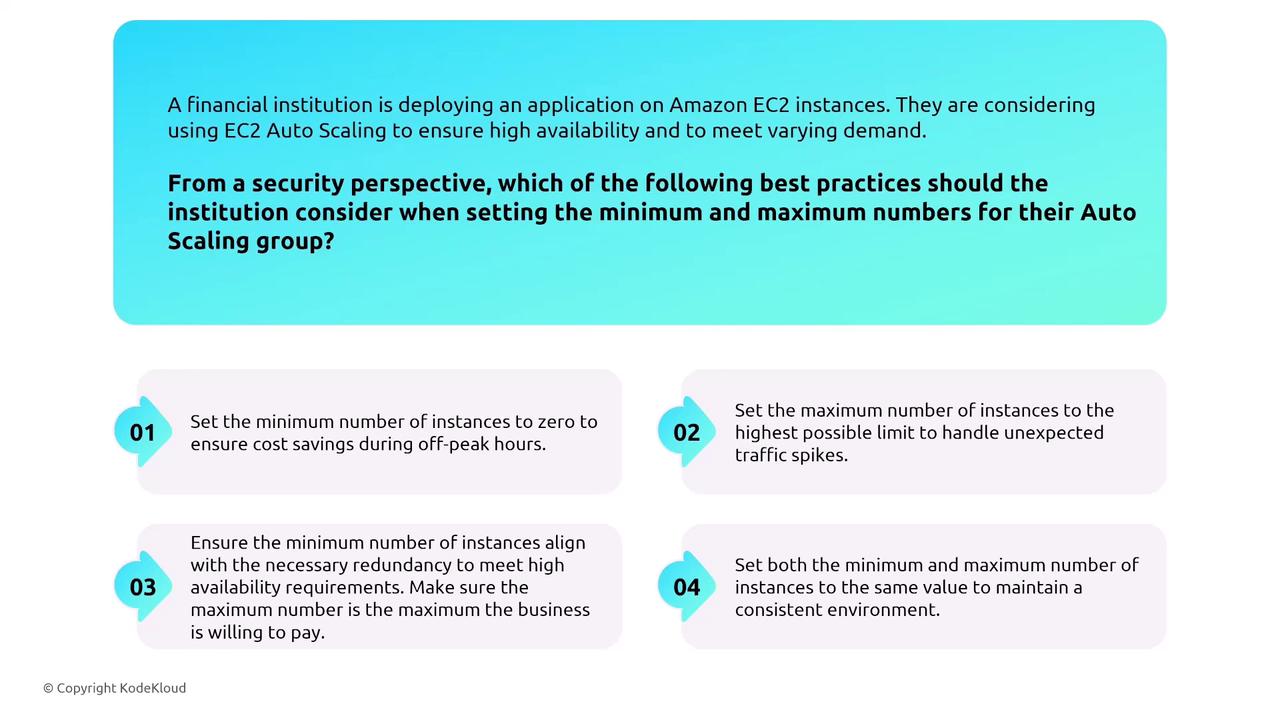 The image presents a scenario where a financial institution is deploying an application on Amazon EC2 instances, focusing on security best practices for setting minimum and maximum numbers in an Auto Scaling group. It lists four options for consideration.