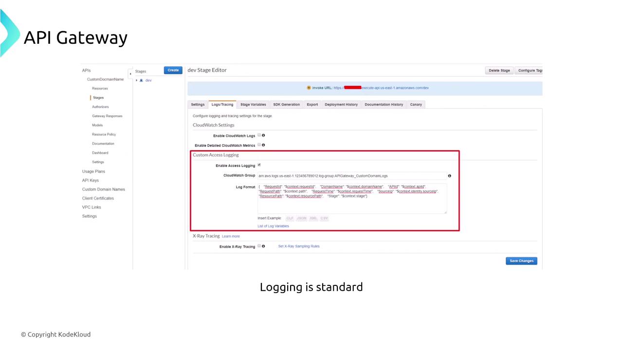 The image shows a screenshot of an API Gateway interface, specifically the "dev Stage Editor" with settings for CloudWatch and custom access logging. The text "Logging is standard" is displayed below the screenshot.