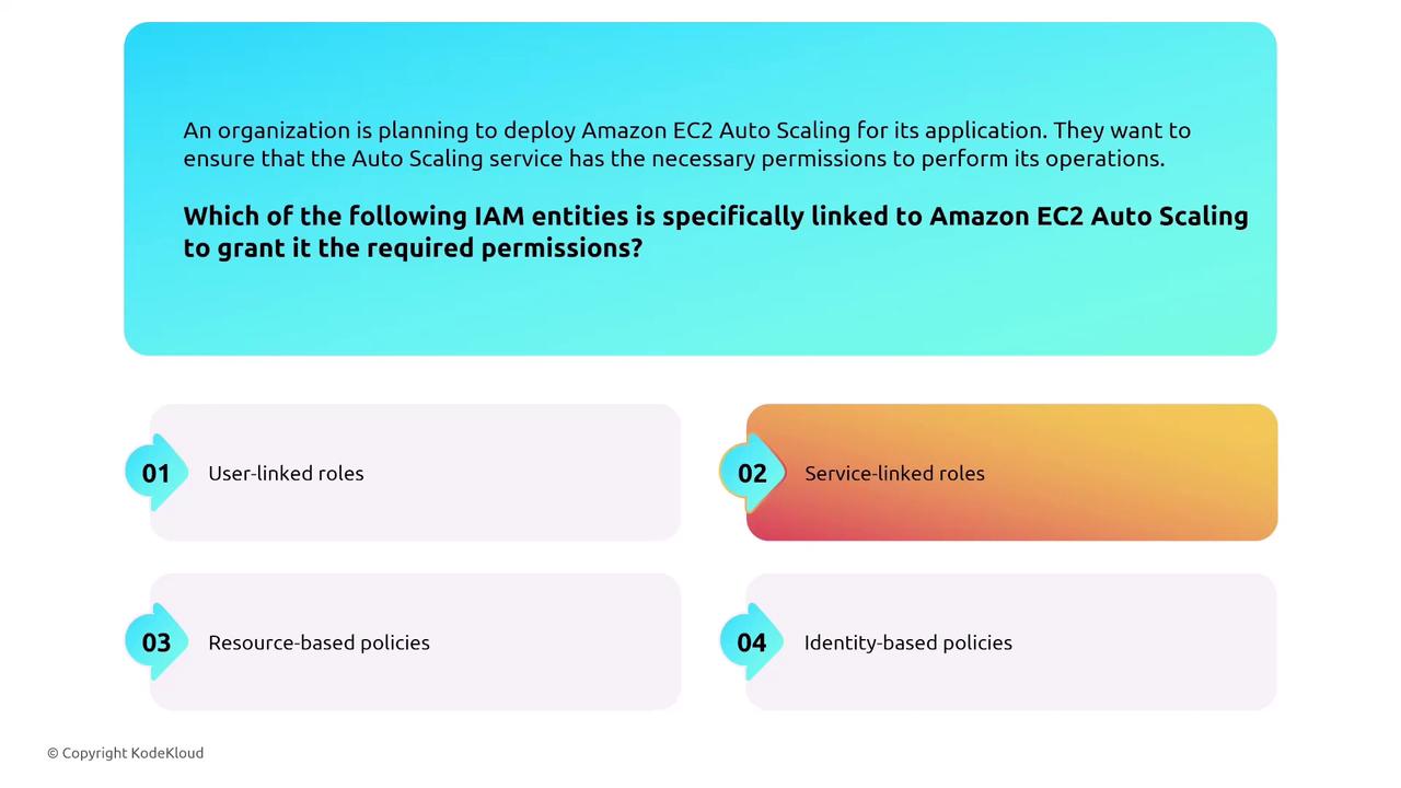The image is a multiple-choice question about which IAM entity is specifically linked to Amazon EC2 Auto Scaling to grant required permissions, with options including user-linked roles, service-linked roles, resource-based policies, and identity-based policies.