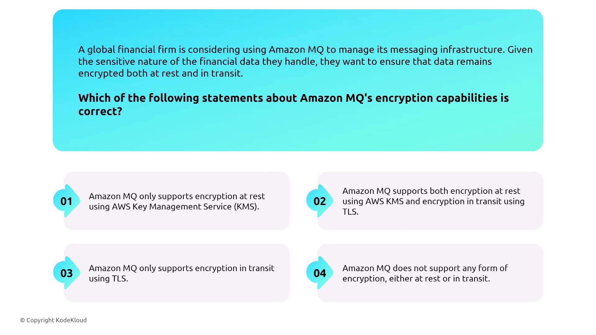 The image presents a scenario about a financial firm considering Amazon MQ for messaging infrastructure, with a question about its encryption capabilities. Four options are provided regarding Amazon MQ's support for encryption at rest and in transit.