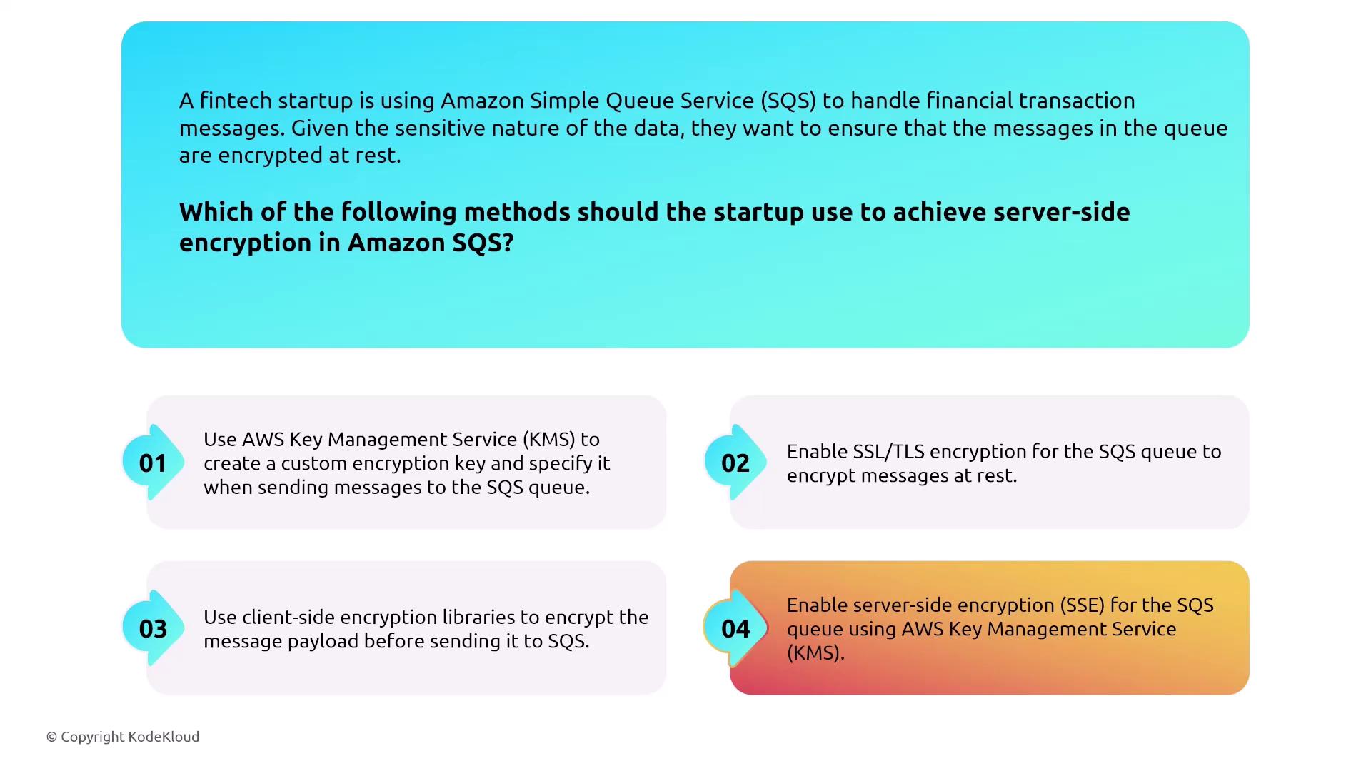 The image presents a scenario where a fintech startup uses Amazon SQS for financial transactions and seeks to encrypt messages at rest. It lists four methods for achieving server-side encryption in Amazon SQS.