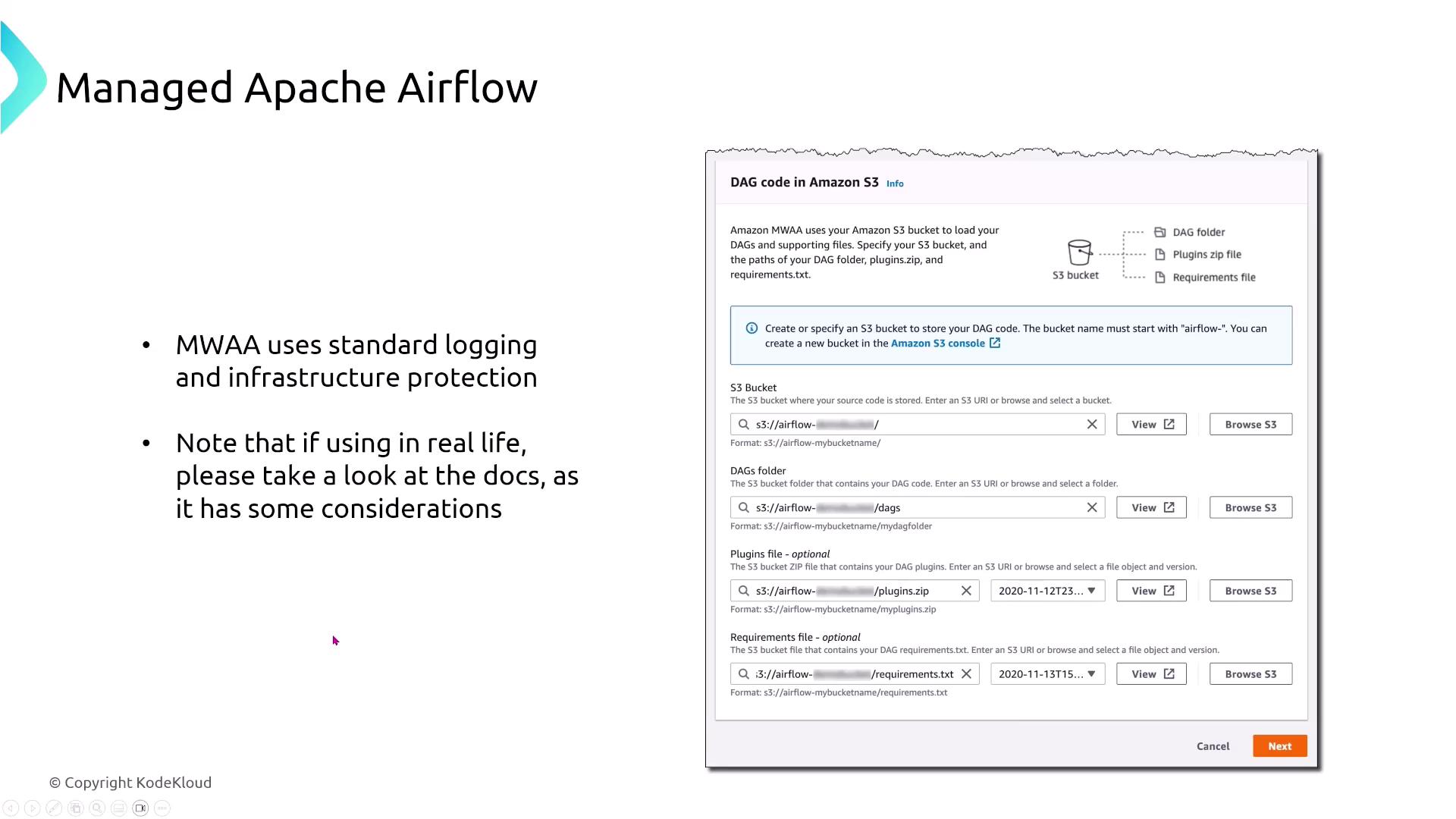 The image is a presentation slide about Managed Apache Airflow, highlighting its use of standard logging and infrastructure protection, and includes a screenshot of the Amazon S3 setup for DAG code in MWAA.
