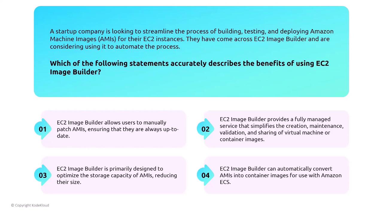 The image presents a scenario about a startup considering EC2 Image Builder to automate AMI processes, with four statements evaluating its benefits.