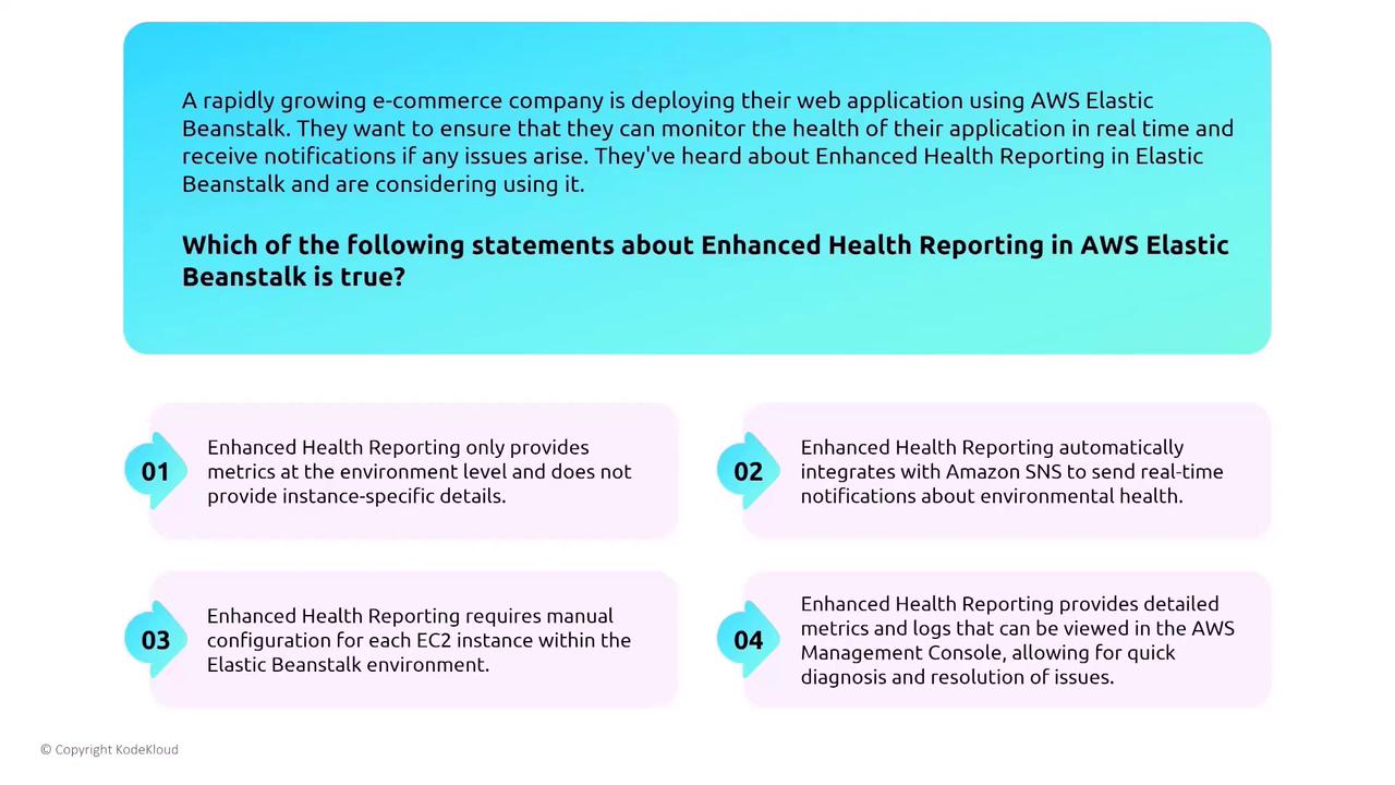 The image is a question about Enhanced Health Reporting in AWS Elastic Beanstalk, with four statements to evaluate which one is true. It discusses features like integration with Amazon SNS and detailed metrics in the AWS Management Console.