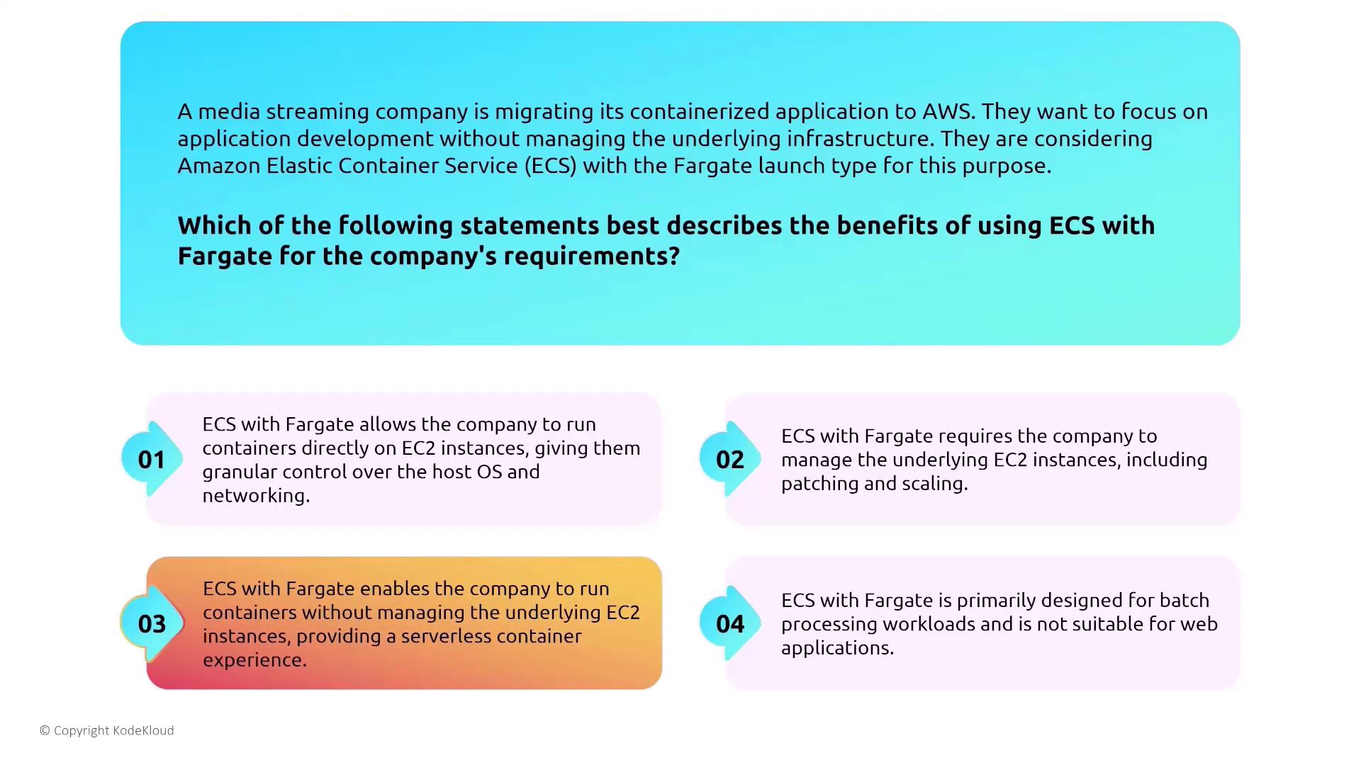 The image presents a scenario where a media streaming company is migrating its application to AWS using ECS with Fargate, and it lists four statements to determine the benefits of this approach. The focus is on enabling application development without managing underlying infrastructure.