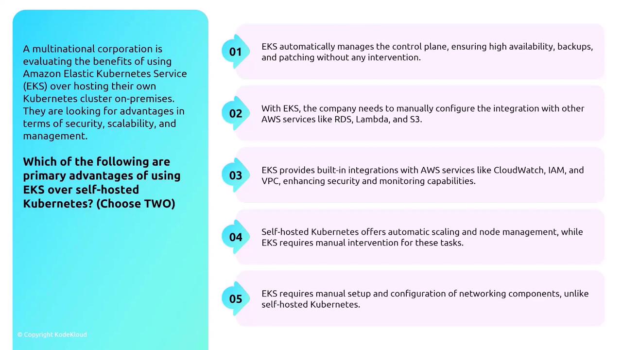 The image presents a scenario where a corporation is evaluating Amazon Elastic Kubernetes Service (EKS) against self-hosted Kubernetes, highlighting potential advantages in security, scalability, and management. It lists five statements, asking which two are primary advantages of using EKS.