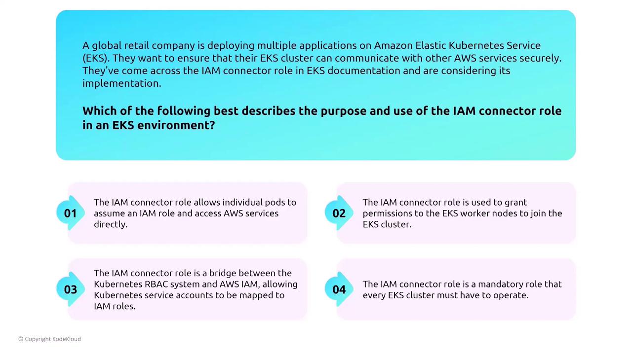 The image presents a scenario about a global retail company using Amazon EKS and explores the purpose of the IAM connector role, offering four options for its use in an EKS environment.