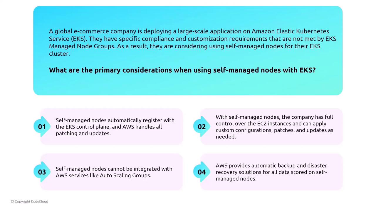 The image outlines considerations for using self-managed nodes with Amazon EKS, highlighting aspects like automatic registration, control over EC2 instances, integration limitations, and AWS backup solutions.