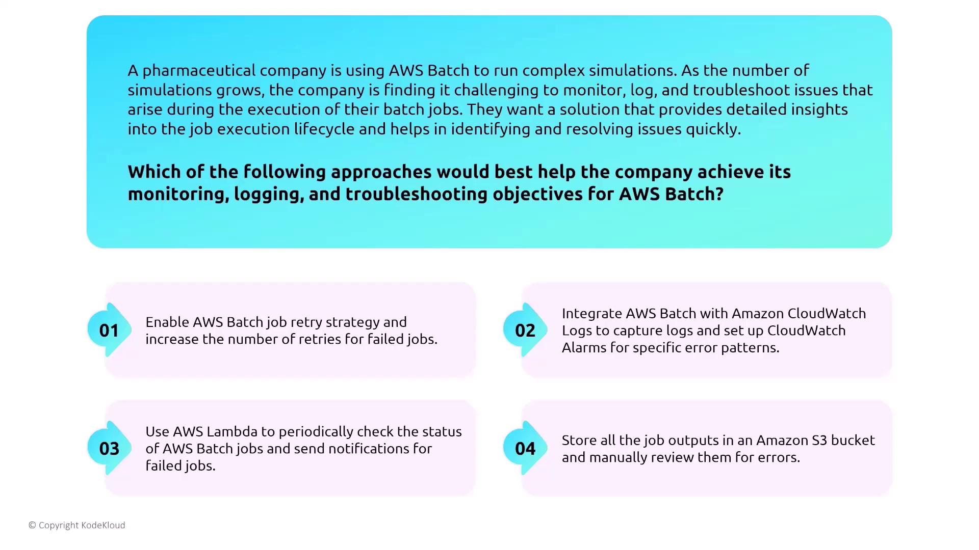 The image describes a scenario where a pharmaceutical company uses AWS Batch for simulations and seeks solutions for monitoring, logging, and troubleshooting. It presents four approaches, including AWS Batch retry strategies, CloudWatch integration, AWS Lambda notifications, and storing outputs in S3.