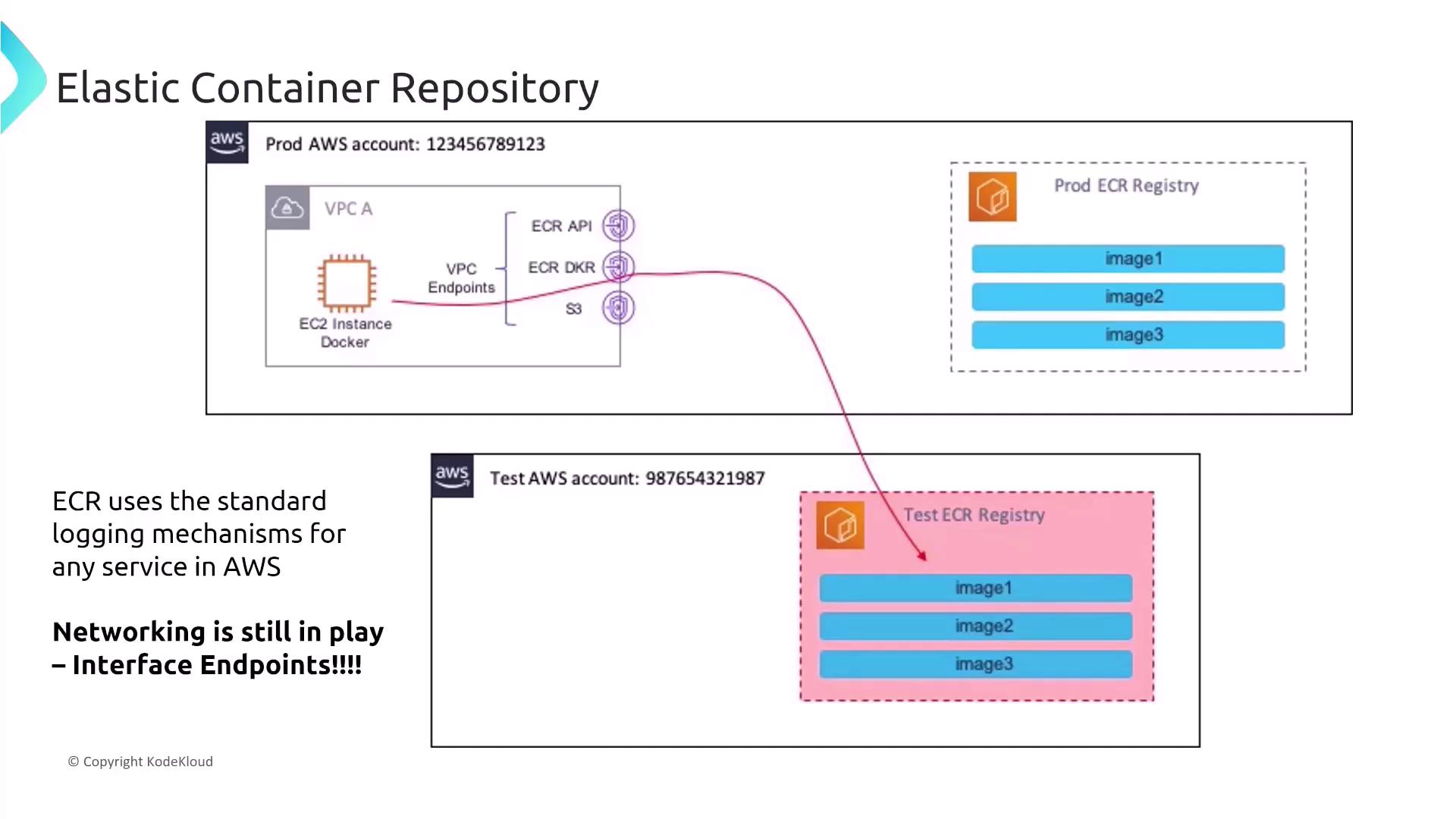 The image illustrates the architecture of an AWS Elastic Container Repository (ECR) setup, showing the interaction between production and test AWS accounts with VPC endpoints and ECR registries.