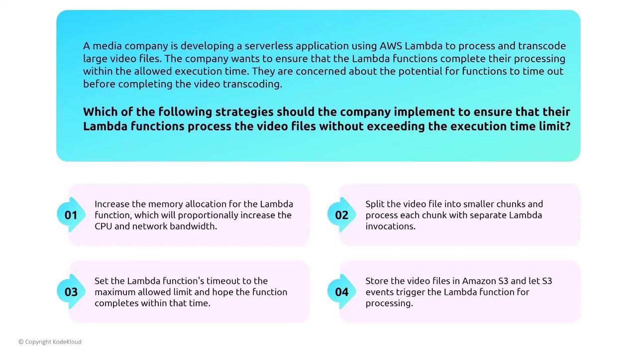 The image presents a scenario where a media company is using AWS Lambda to process large video files and lists four strategies to ensure the functions complete within the execution time limit. The strategies include increasing memory allocation, splitting video files into chunks, setting maximum timeout, and using Amazon S3 for triggering processing.