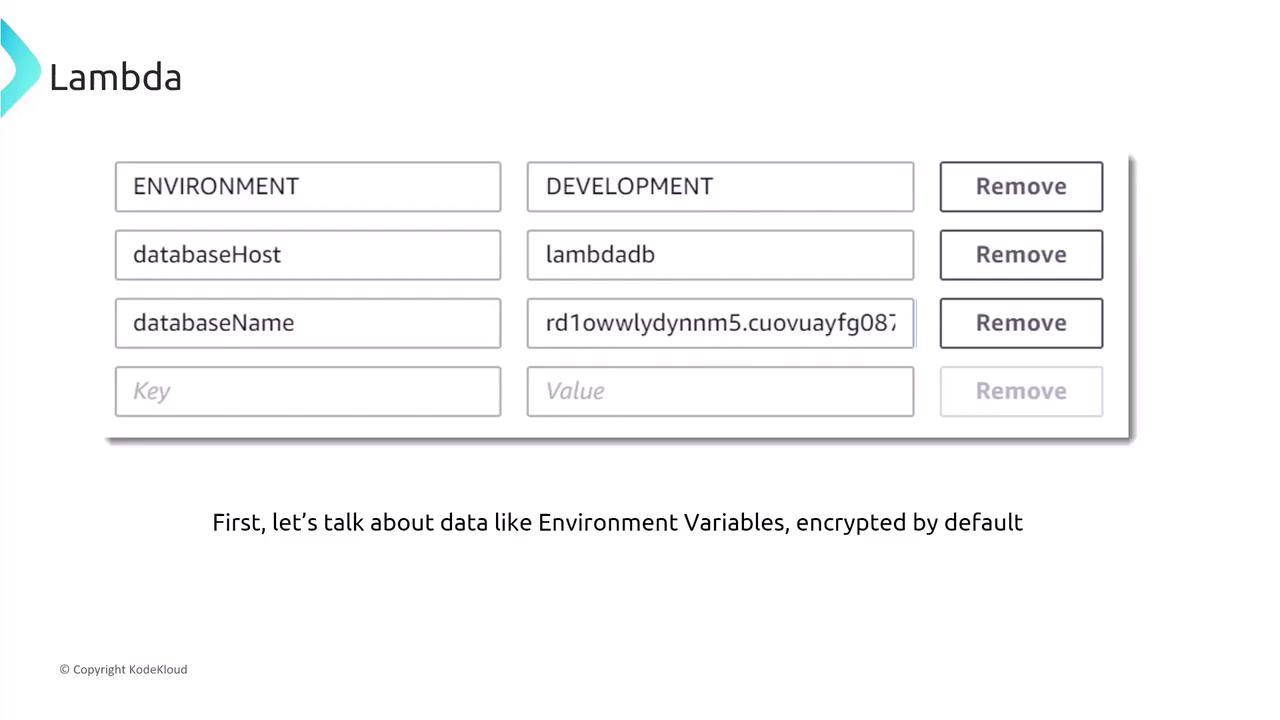 The image shows a user interface for managing environment variables, with fields for "ENVIRONMENT," "databaseHost," and "databaseName," each with a corresponding value and a "Remove" button. Below, there's a note about discussing environment variables, encrypted by default.