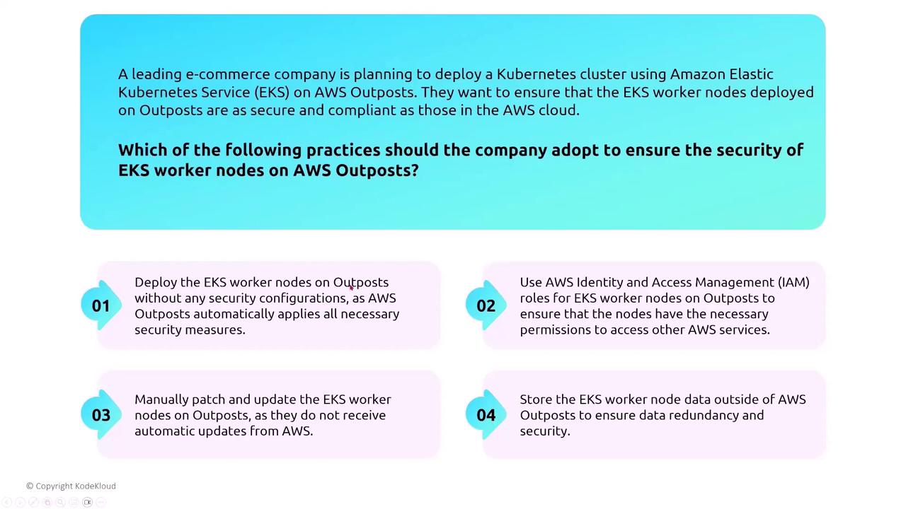The image presents a scenario where an e-commerce company is deploying a Kubernetes cluster using Amazon EKS on AWS Outposts, with four options for ensuring the security of EKS worker nodes.