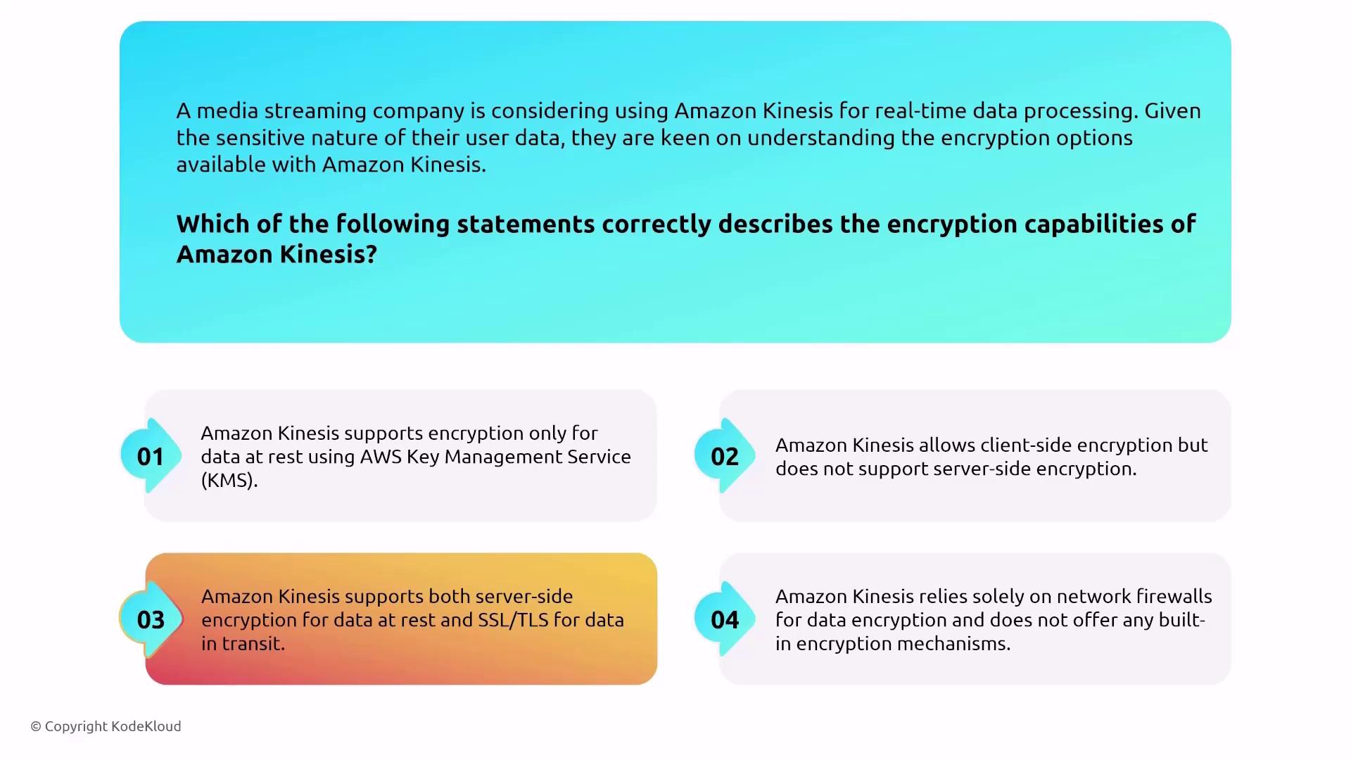 The image presents a question about Amazon Kinesis's encryption capabilities, offering four statements to choose from. It is designed to help a media streaming company understand encryption options for real-time data processing.