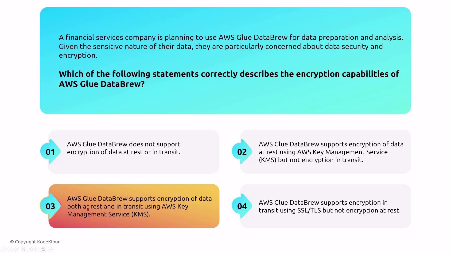 The image presents a question about the encryption capabilities of AWS Glue DataBrew, with four multiple-choice options describing different encryption scenarios. Option 3 is highlighted, indicating it as the correct answer.