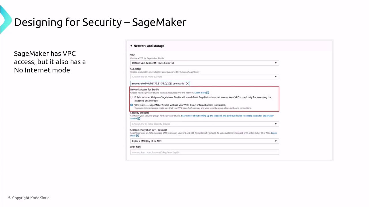 The image is a slide titled "Designing for Security – SageMaker," showing a configuration screen for network and storage settings in SageMaker, highlighting VPC access and a "No Internet" mode.