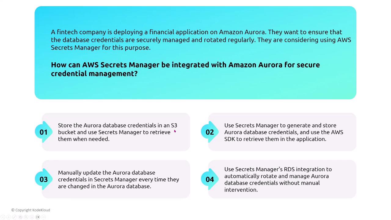 The image is an infographic discussing how a fintech company can integrate AWS Secrets Manager with Amazon Aurora for secure credential management, presenting four options for managing database credentials.