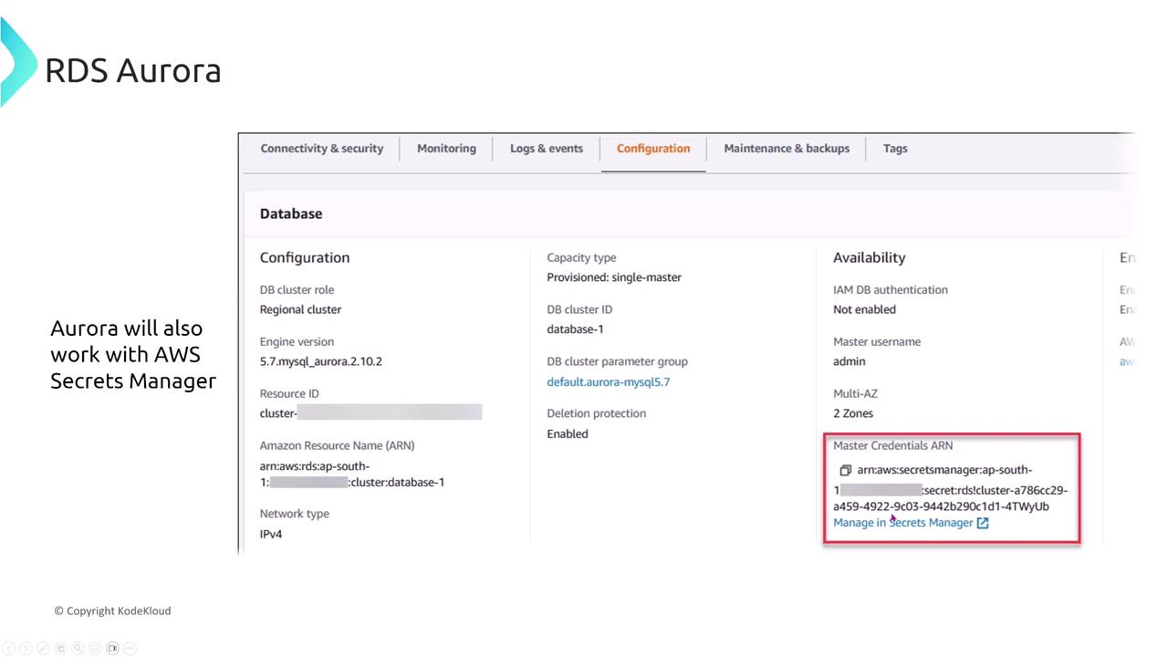 The image shows a configuration screen for an RDS Aurora database, highlighting its integration with AWS Secrets Manager. It includes details like DB cluster role, engine version, and master credentials ARN.