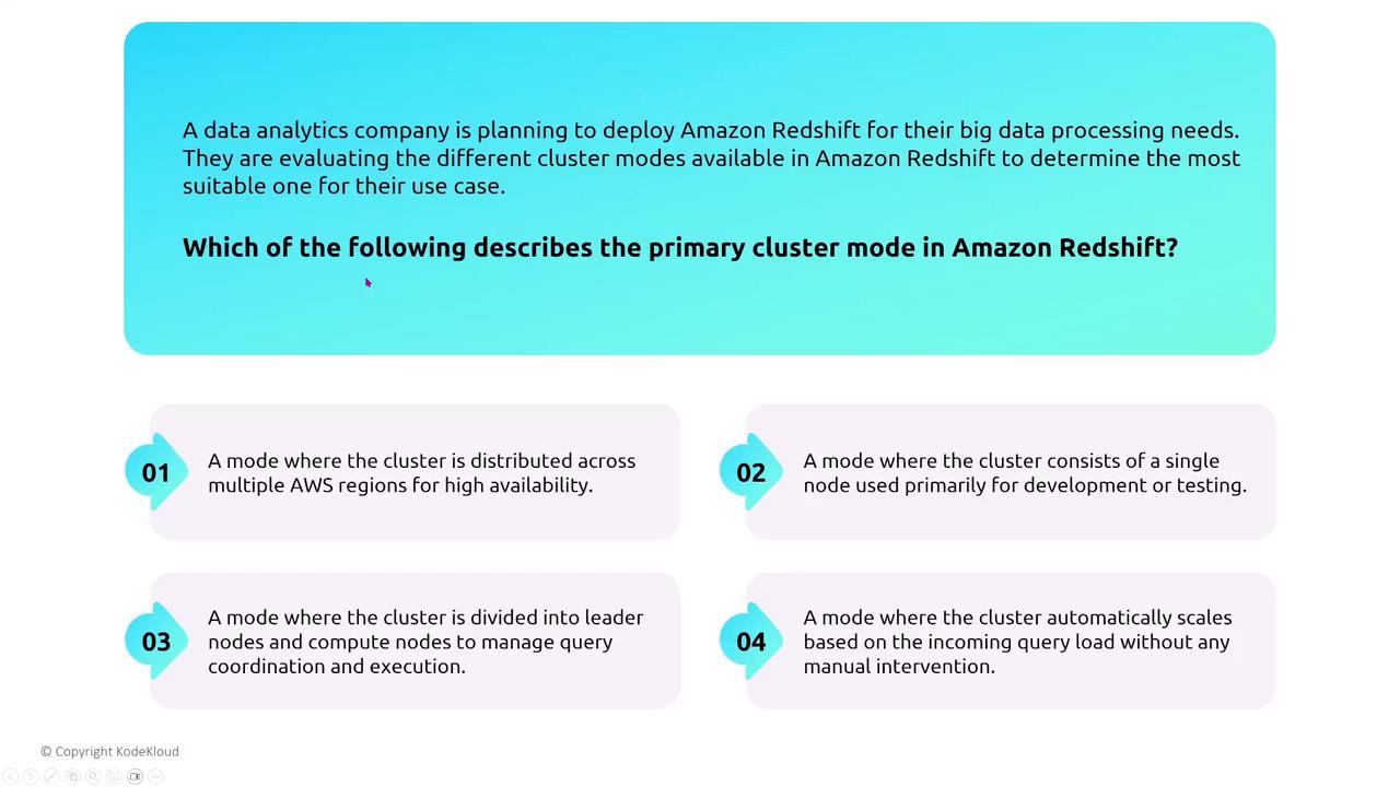 The image presents a question about the primary cluster mode in Amazon Redshift, with four multiple-choice options describing different cluster configurations.