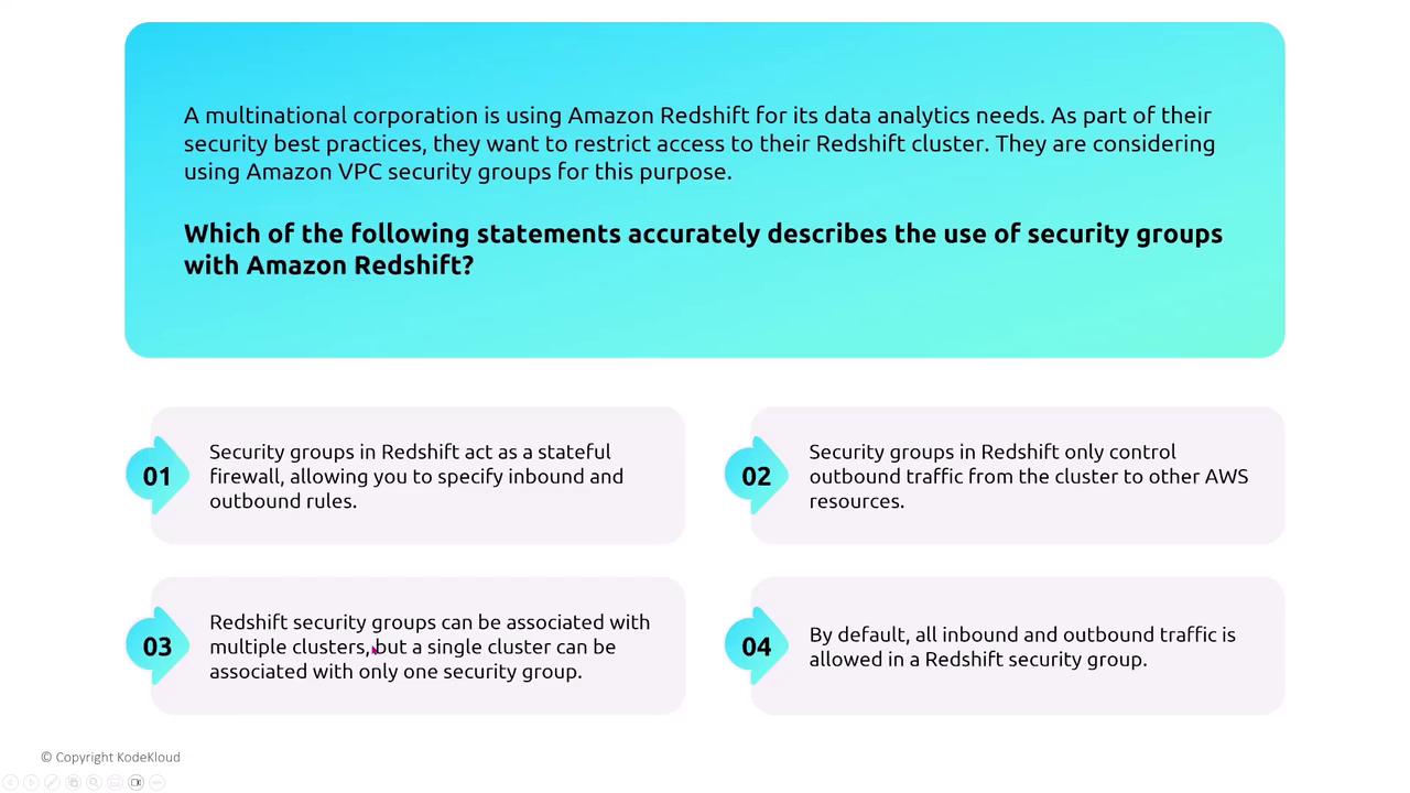The image presents a question about using Amazon VPC security groups with Amazon Redshift, followed by four statements describing different aspects of security group functionality.