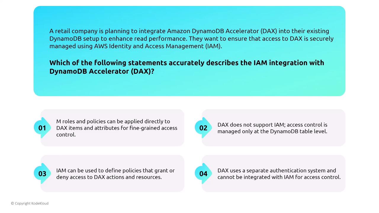 The image presents a scenario about integrating Amazon DynamoDB Accelerator (DAX) with IAM for access control, listing four statements to determine which accurately describes the integration.