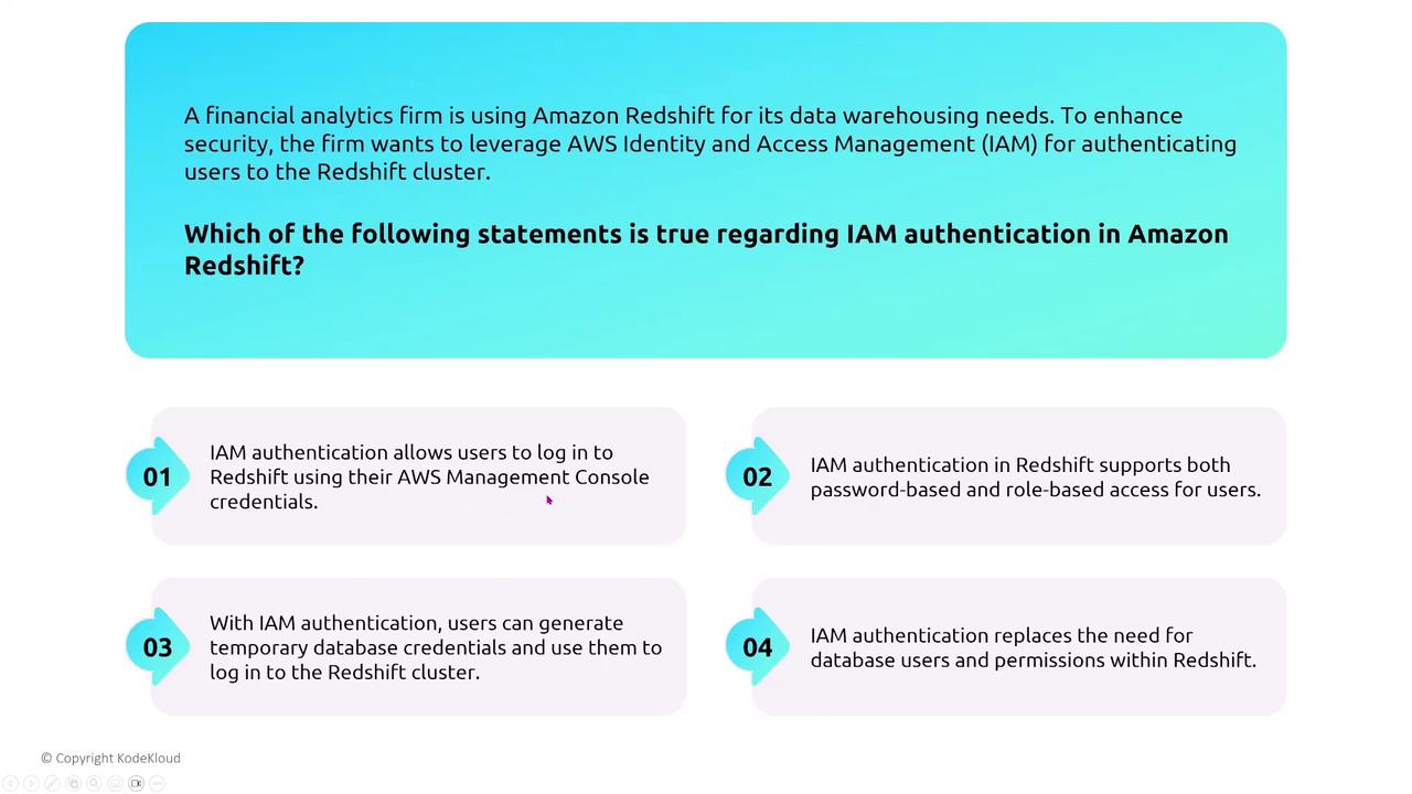 The image presents a question about IAM authentication in Amazon Redshift, offering four statements to determine which is true. It is part of a security enhancement scenario for a financial analytics firm using AWS services.