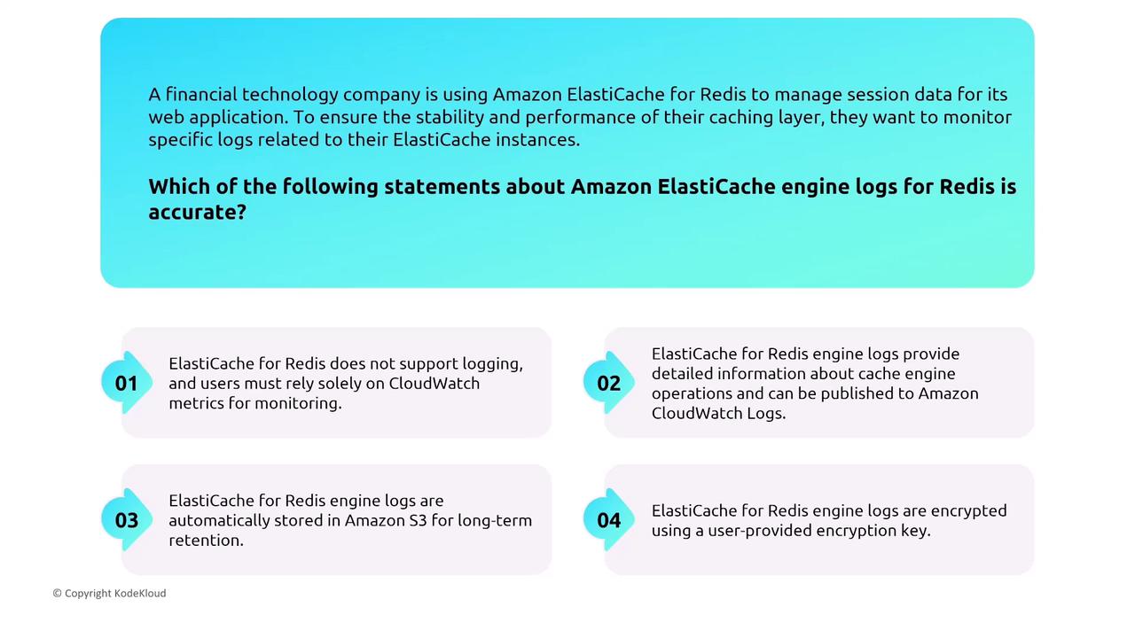 The image presents a question about Amazon ElastiCache engine logs for Redis, with four possible statements to determine which is accurate. It is designed in a quiz format with a blue background and numbered options.