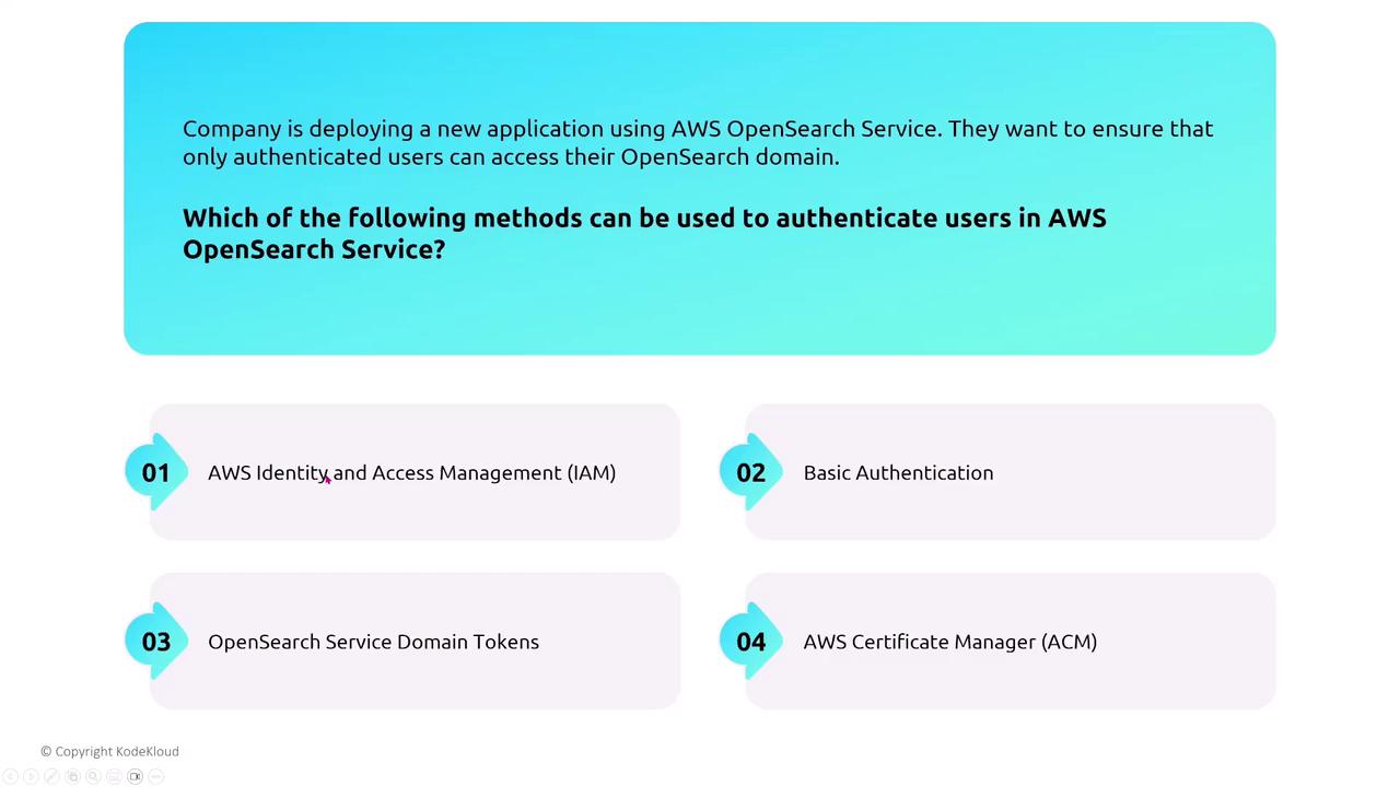 The image presents a question about methods to authenticate users in AWS OpenSearch Service, listing four options: AWS Identity and Access Management (IAM), Basic Authentication, OpenSearch Service Domain Tokens, and AWS Certificate Manager (ACM).