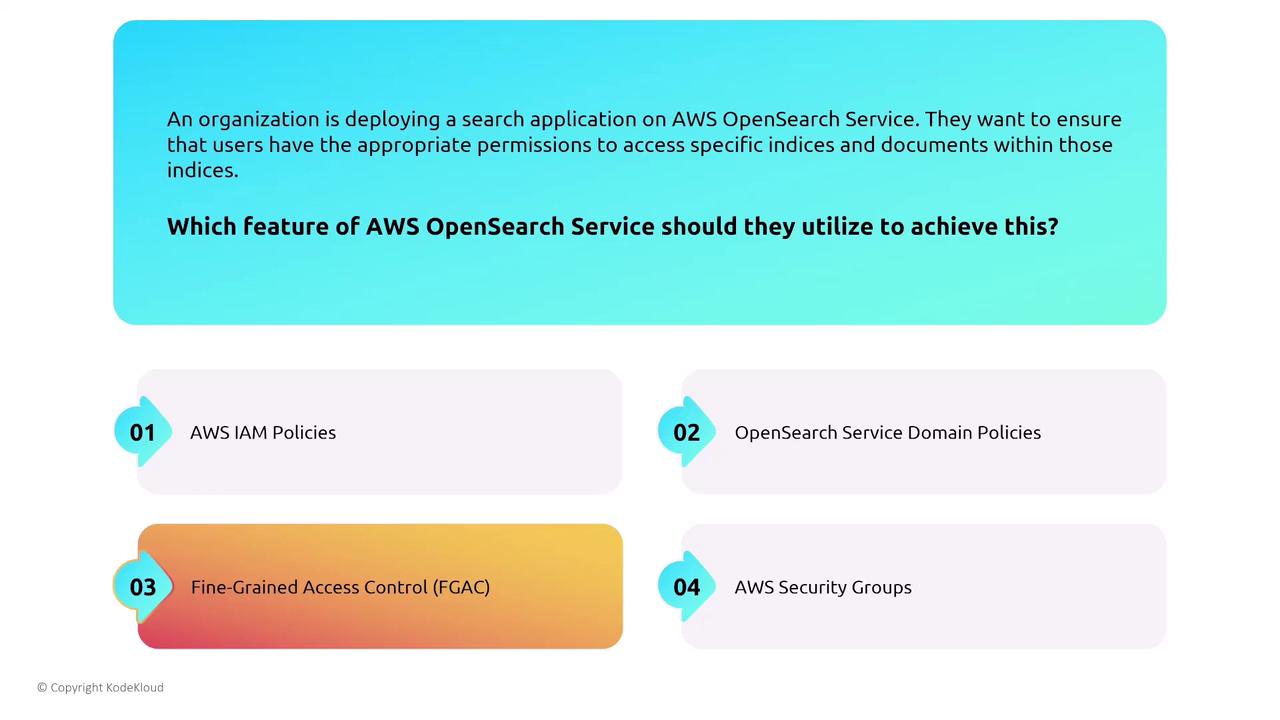 The image presents a question about which AWS OpenSearch Service feature to use for managing user permissions, with four options: AWS IAM Policies, OpenSearch Service Domain Policies, Fine-Grained Access Control (FGAC), and AWS Security Groups.
